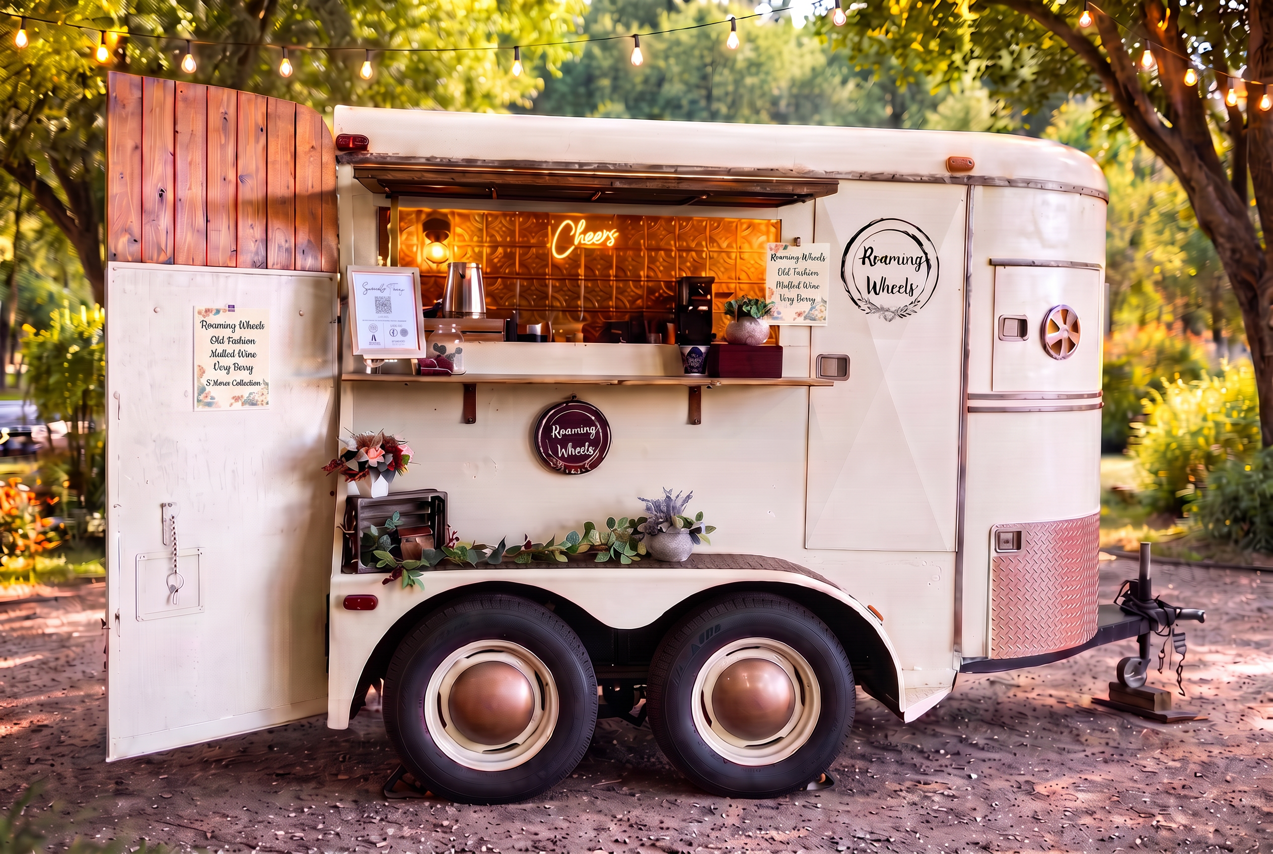 Roaming Wheels rustic mobile bar trailer at an outdoor wedding